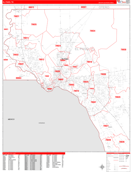 El Paso City Digital Map Red Line Style